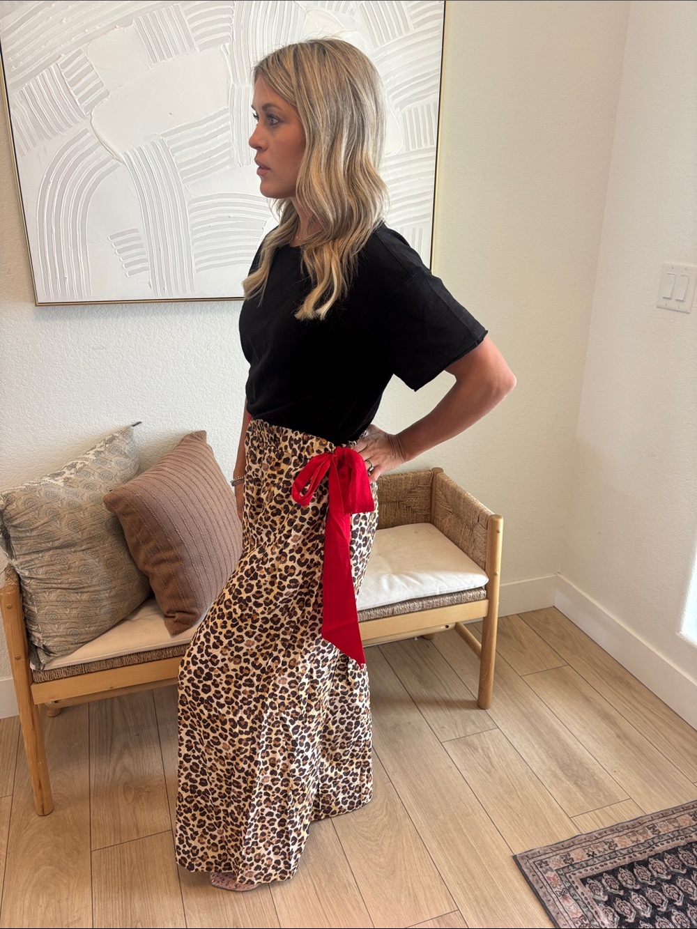 NEW Leopard Print Maxi Skirt with Red Tie Accent with Zenana Top